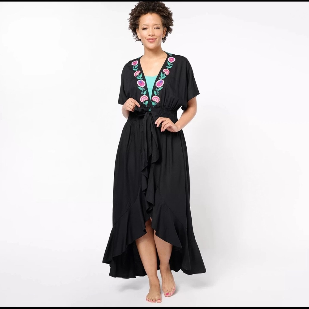 NWT America and Beyond Black Open Maxi with Floral Embroidery